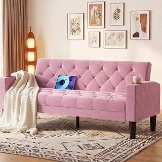 ROCSUMOO Sofa 2 Sitzer Klein, 151 cm 2er Mini Couch (Samtstoff Rosa) | mit Ladeports & Becherhalt…
