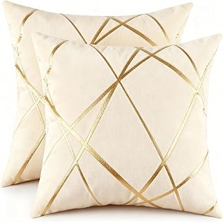 2er Set Samt Kissenbezug Gold Line Art 45×45 Deko Kissen Wohnzimmer Modern Kissenhülle Beige Sof…