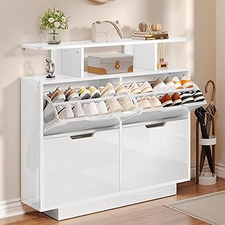 YITAHOME Schuhschrank Schmal Hochglanz mit 4 Klappen, 120 x 24 x 106 cm für 16-24 Paar, Schuhsch…