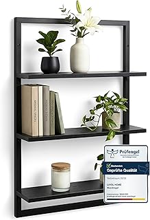 Wandregal Bambus mit schwarzen Metallrahmen, 75x50x15cm, hängendes Regal mit modernem Design, Me…