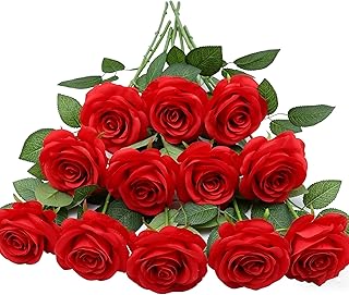 HNVNER 12 Stück Rot Künstliche Rosen, Langer Stängel Seidenblumen Rosen, Realistische Kunstros…