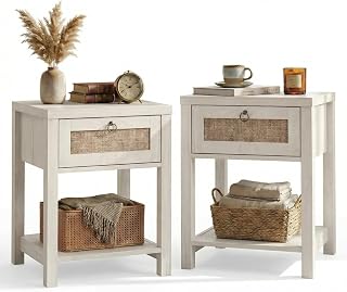 VOWNER Rattan Nachttisch Set 2er, Landhausstil Beistelltisch mit Schublade und Ablage, Böhmische…