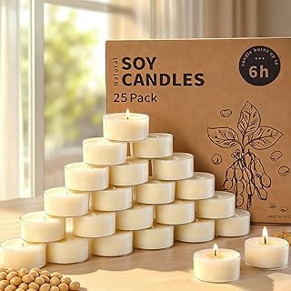 25 Stück natürliche, geruchlose Teelichter aus 100% Sojawachs, 6 Stunden Brenndauer, paraffinfr…