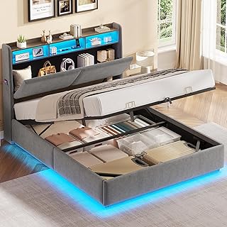 Hydraulisches Stauraumbett mit LED Beleuchtung und Steckdosen,Polsterbett mit Stauraum Kopfteil J…