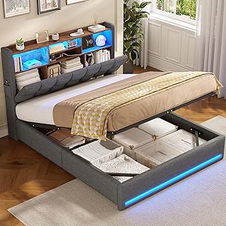 AOGLLATI Polsterbett 140×200 Hydraulisches Stauraumbett mit LED-Bleuchtung,Jugendbett mit USB- u…