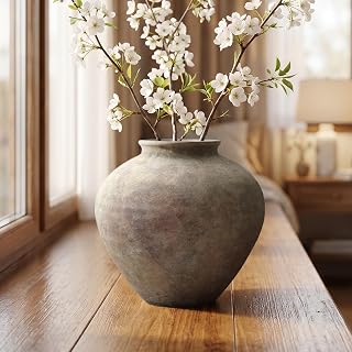 Hometopia Runde Terrakotta Vase Dunkelgrau Antik Deko Vase 26 cm Höhe | Terrakotta Vase Dunkelgr…
