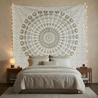 FURNISHFUL FINESSE Mandala Wandteppich Golden Wandbehang Wandteppiche Boho Pfau Wandtuch für Dek…