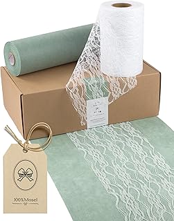 100% Mosel Tischläufer Set Eukalyptusgrün & Weiß, 2 Rollen | Vlies Tischläufer (30 cm x 25 m)…