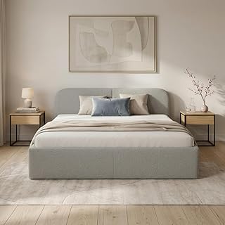 BELMI Slim Polsterbett mit Bettkasten, und Holzrahmen, Stauraum, Bouclé-Stoff (Quelle 83 (Hellgr…