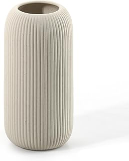 Moderne Keramik Vase, Weiß, Gerippt, Zylindrische Form (Beige)