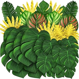 QUOZUO 50 Stück künstliche tropische Blätter, Monstera, für Dschungel, Geburtstag, Hawaii, De…