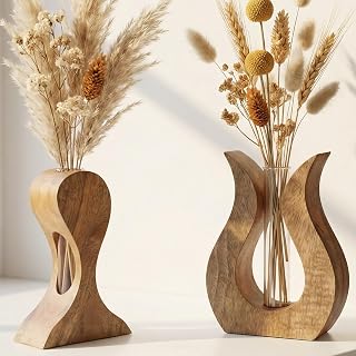 Holzvase 2er Set aus Mangoholz – Vase für Trockenblumen und Deko | Handgefertigtes Holzvasen D…