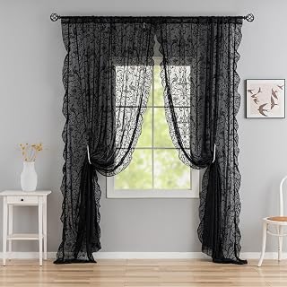 TUDECO Schwarze Vorhänge, 244 cm lang, luxuriöse Vorhänge mit Blumenmuster, bestickt, lichtfil…
