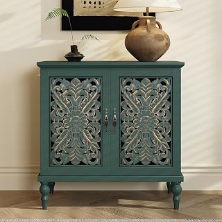 HOLTICO Kommode Grün, Vintage Sideboard Buffet Schrank mit Hohle Blumenschnitzerei, Akzent Schra…