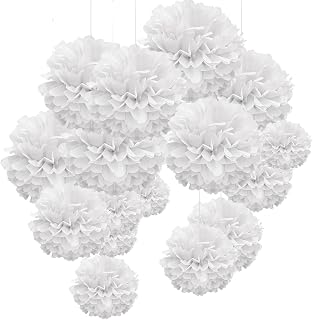 WEARXI Hochzeit Hochzeitsdeko Vintage Lampions, 24er Pompons Deko Weiß, Seidenpapier Pompoms, Pa…