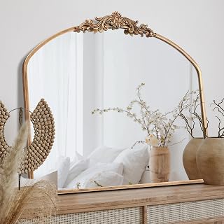 PERFNIQUE Gold Vintage Spiegel, 91 x 76 cm gewölbter antiker Barockspiegel für Wand, Messing Tr…