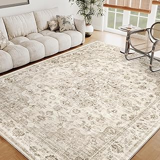 HUGEAR Vintage Teppich Wohnzimmer 160x230cm Beige Waschbar | Waschbarer Retro Teppich,Weich,Rutsc…
