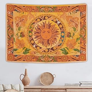 Yugarlibi Sonne Wandteppich Mandala Wandteppich Boho Vintage Blumen Wandbehang Orange Konstellati…