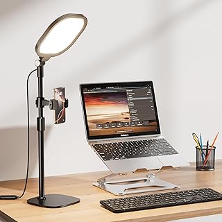 LitONES Schreibtischlampe LED für Videokonferenz, Dimmbar Tisch Ringlicht mit Stativ Handy – 3 L…