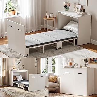 MSFE Schrankbett 85*190cm,Klappbares Einzelbett,Klappbett mit Matratze,Reisebett auf 8 Rädern,Wa…