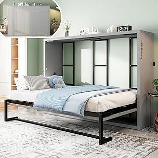 Schrankbett 140×200, Metallrahmen Wandbett mit Lattenrost, Klappbett mit Schrank, Wandklappbett M…