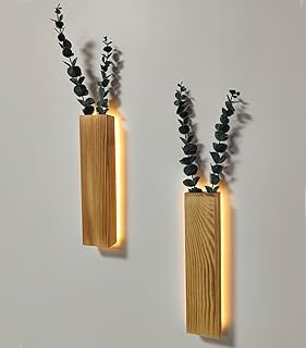 2 Stück Holz Wandvase mit LED Lichtern für Zimmerpflanzen, Künstlicher Eukalyptus Wandpflanzge…