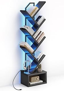 Coleshome LED Baumform Bücherregal, Standregal 6 Ebenen 110cm Schwarz | LED Farbige Lichtstimmun…