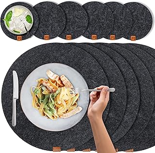 Miqio® Design Runde Tischsets aus Filz abwaschbar | Mit Marken Echtleder Label und Glasuntersetz…