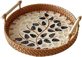 SLHEQING Rattan Serviertablett mit Griffen, Handgewebtes Küchentablett Deko Tablett Rund Aufbewa…