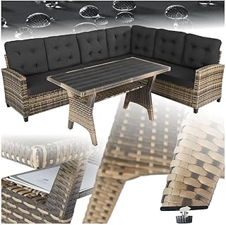tectake® Gartenbank, Set mit Bank und Esstisch, Rattan Eckbank Outdoor Lounge, Sitzecke wetterfe…