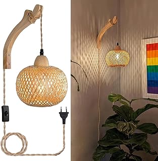 Liyabber Holz Innen Wandleuchte, Vintage Wandlampe mit Stecker und Schalter, E27 Retro Bambus Lat…