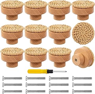 LOEPENLE 12 Stück Rattan Möbelknöpfe,Schrankknöpfe Boho Deko,Möbelknöpfe Holz Schubladengri…