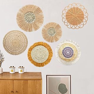6 Teiliges Boho Wandkorb Dekor, Rattan Wanddekoration Runde, Natürlich Gewebte Flache Körbe Wei…