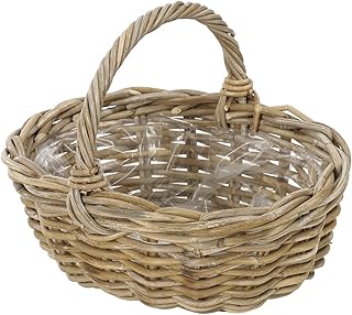 Dehner Rattan Pflanzkorb mit Henkel, ca. 36 x 28 x 14 cm, Rattangeflecht, grau/braun