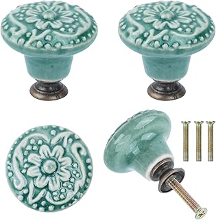 Dibotell 4er Set Vintage Möbelknöpfe, Grün Blumenmuster Keramik Schrankknöpfe mit Schrauben, …