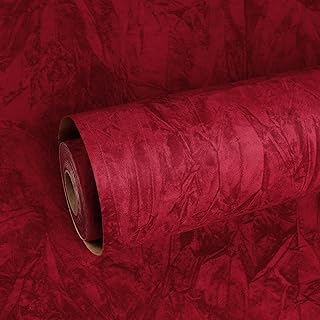 ReWallpaper Samt Tapete Selbstklebend Rot Beflockt Stoff Klebefolie Rot Möbelfolie 44.5cm×2m Di…