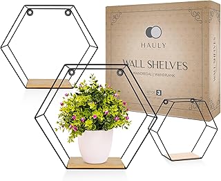 Hauly 3er Hexagon Wandregal Set, Schwarze Metall Schweberegale Mit Holzablage, Modernes Wabenrega…