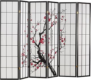 Homestyle4u Paravent Raumteiler Shoji 6 teilig Holz Schwarz Reispapier Weiß Kirschblüten