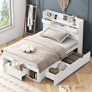 KEYIDE Holzbett Einzelbett 90×200, Stauraumbett mit USB-Port & Schubladen & Stauschrank, Kinderbe…