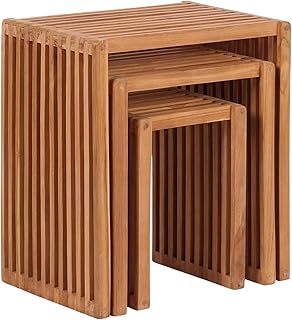 MR. DEKO® Beistelltisch 3er-Set Teak Tisch Set für Garten Terrasse Balkon Wintergarten stapelba…