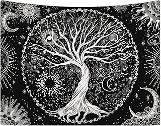 Baum des Lebens Wandteppich, 150x130cm Sonne Mond Tapisserie, Wandbehang Schwarz, Tapisserie Wand…