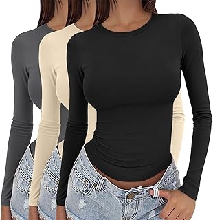 Damen 3er-Pack Langarm-T-Shirts Y2K Slim Fit Stretch Rundhalsausschnitt Basic Layering Tops Casua…