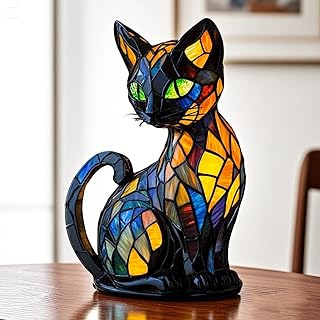 Katzenlampe Kunstharz Retro Buntglas Tischlampe Tier Serie Mosaik Tiffany Nachtlicht Vintage für…