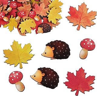 70 Stück Herbst Streudeko Holz Bunt Ahornblätter Pilze Igel Tischdeko Kinder Konfetti Holzschei…