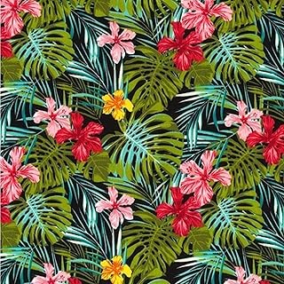 Aloha Hawaiianischer Hibiskusblüten und tropische Blätter, Baumwoll-Popeline, bedruckt, 112 cm …