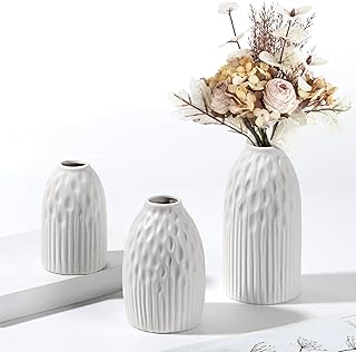 GMISUN Weiße Vase Keramik, 3er Vasen Set, Boho Deko Vasen mit Streifen und Polka-Dot, Blumenvase…