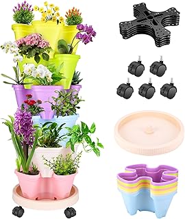 WADEO Pflanzturm mit Stapelbaren Pflanztöpfen, Vertikaler Garten mit 6 Etagen, Stapelbar Erdbeer…