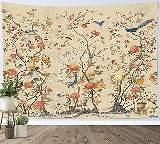 LB Wandteppich Vintage-Blumen Wandtuch Vogel auf Blumenbaum Wandbehang Retro-Ästhetik Tapisserie…