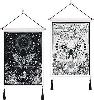 Betylifoy 2 Stück Kleine Wandteppiche mit Quasten, Sonne und Mond Tapisserie Tarot Wandbehang Sc…