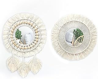 Dokeno 2 Stück Wandspiegel mit Rahmen aus Gewebten Fransen, Makramee Wandspiegel Wandbehang Deko…
